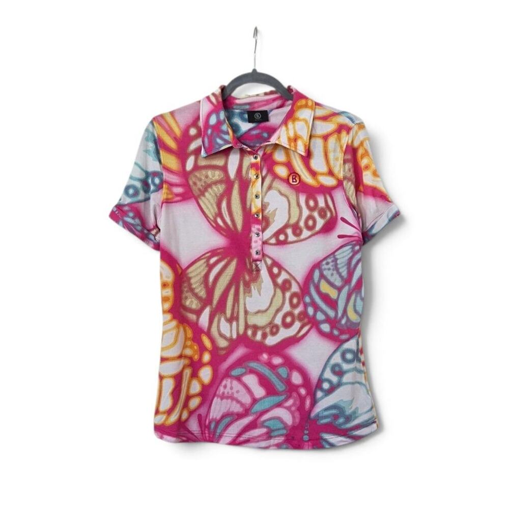 Bogner Butterfly Print Colorful Polo Shirt Womens US Large EU 40 Pink Modal Golf